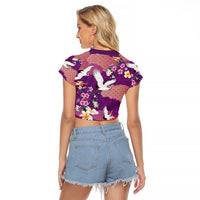 Hawaiian and Japanese Culture Together Raglan Cropped T Shirt Purple Ohia Lehua Plumeria and Sakura Blooming - Polynesian Pride