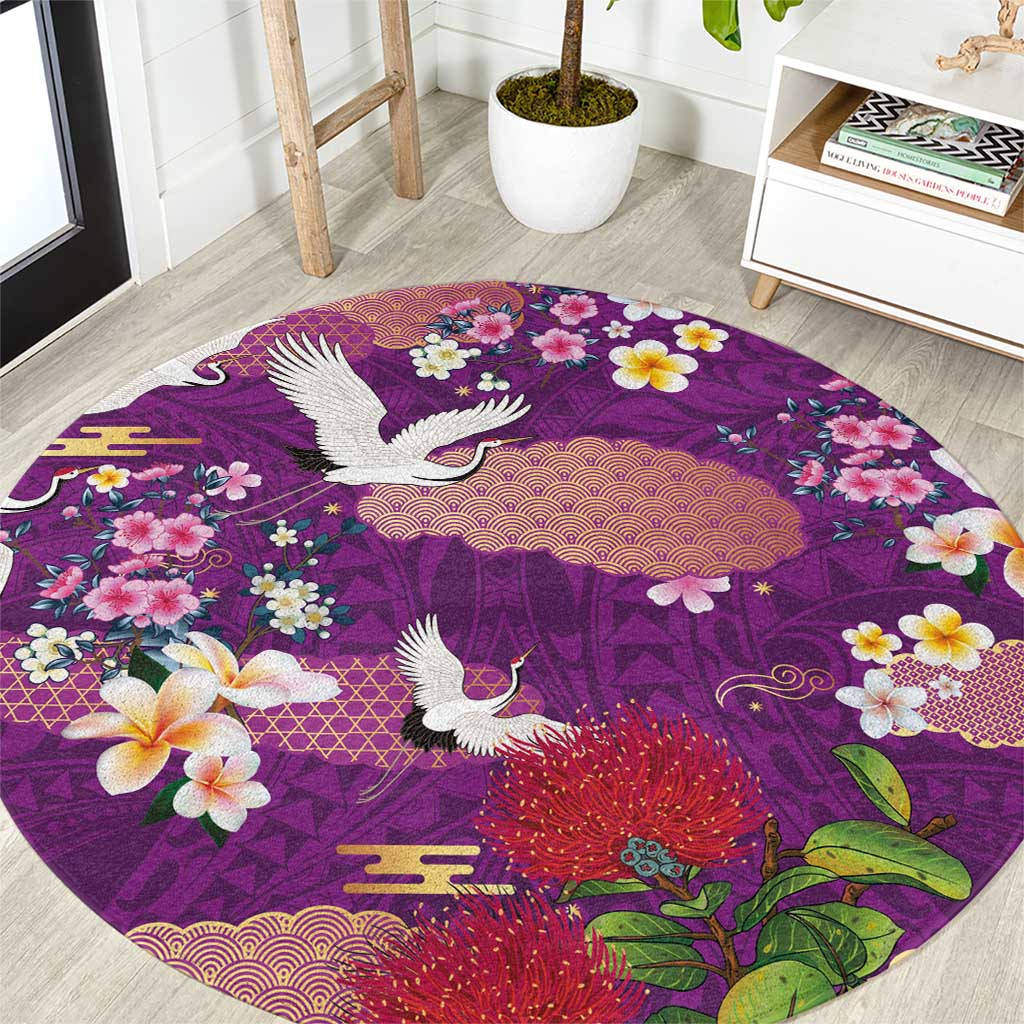 Hawaiian and Japanese Culture Together Round Carpet Purple Ohia Lehua Plumeria and Sakura Blooming - Polynesian Pride