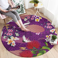 Hawaiian and Japanese Culture Together Round Carpet Purple Ohia Lehua Plumeria and Sakura Blooming - Polynesian Pride