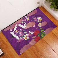Hawaiian and Japanese Culture Together Rubber Doormat Purple Ohia Lehua Plumeria and Sakura Blooming - Polynesian Pride