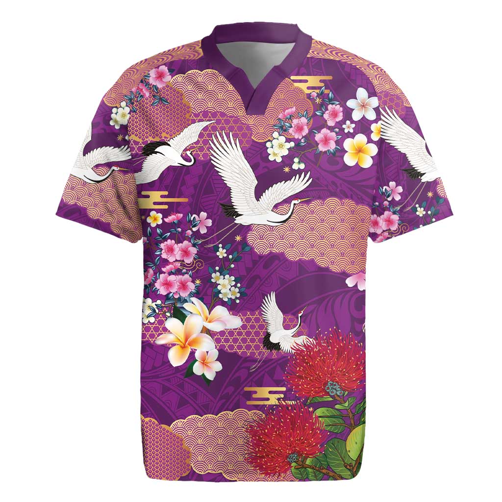 Hawaiian and Japanese Culture Together Rugby Jersey Purple Ohia Lehua Plumeria and Sakura Blooming - Polynesian Pride
