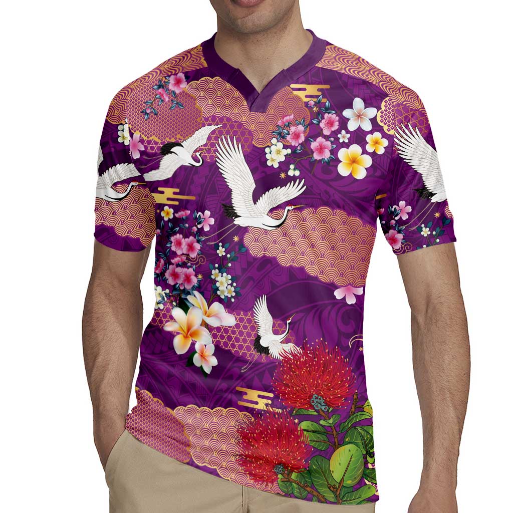 Hawaiian and Japanese Culture Together Rugby Jersey Purple Ohia Lehua Plumeria and Sakura Blooming - Polynesian Pride