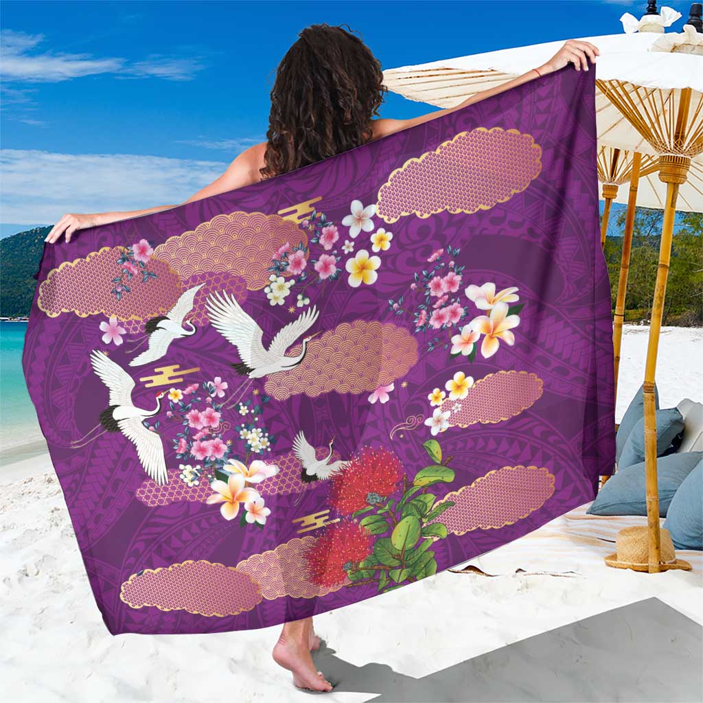 Hawaiian and Japanese Culture Together Sarong Purple Ohia Lehua Plumeria and Sakura Blooming - Polynesian Pride