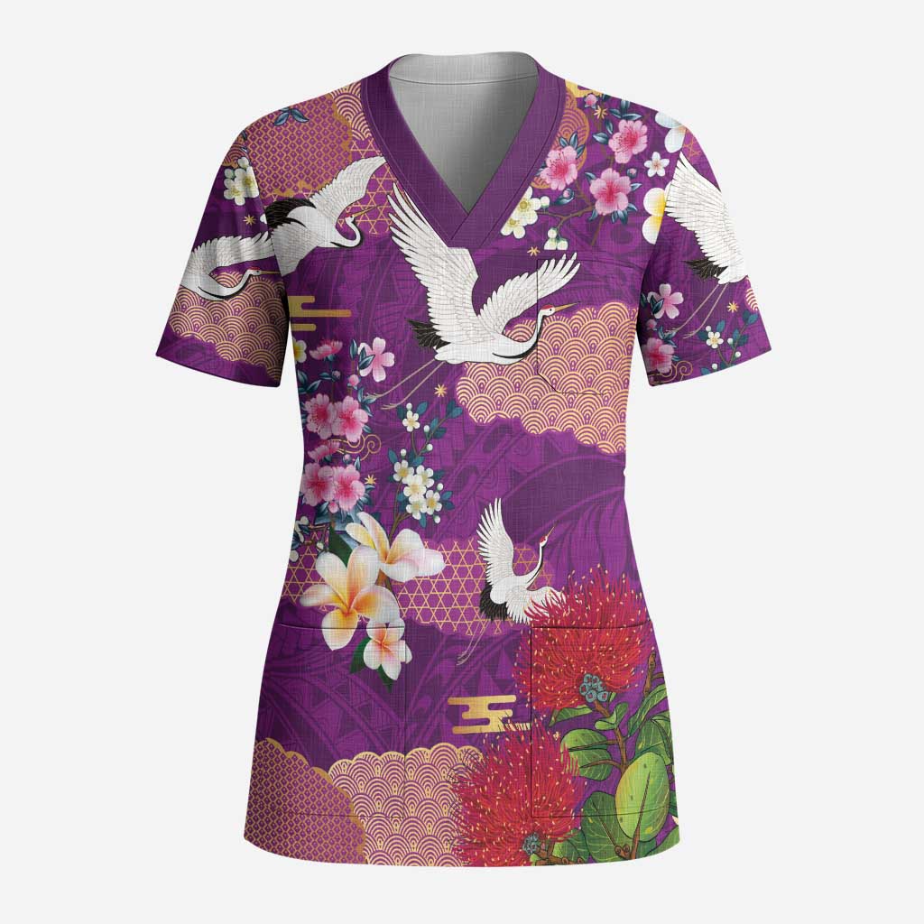 Hawaiian and Japanese Culture Together Scrub Top Purple Ohia Lehua Plumeria and Sakura Blooming - Polynesian Pride