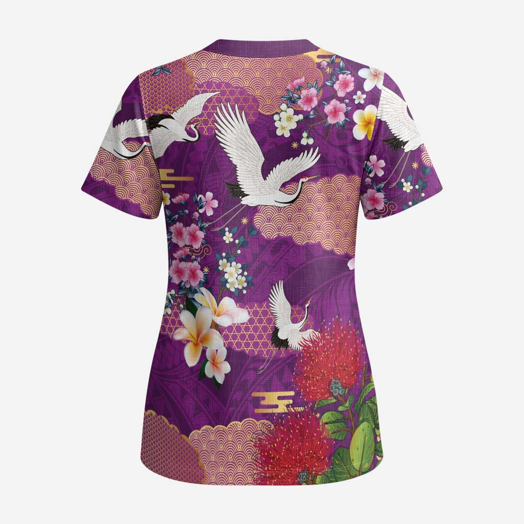 Hawaiian and Japanese Culture Together Scrub Top Purple Ohia Lehua Plumeria and Sakura Blooming - Polynesian Pride