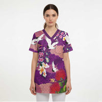 Hawaiian and Japanese Culture Together Scrub Top Purple Ohia Lehua Plumeria and Sakura Blooming - Polynesian Pride