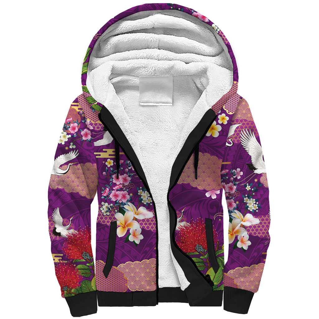Hawaiian and Japanese Culture Together Sherpa Hoodie Purple Ohia Lehua Plumeria and Sakura Blooming - Polynesian Pride