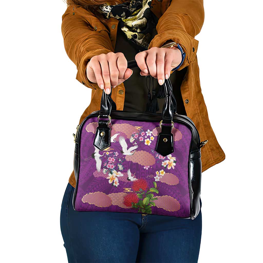 Hawaiian and Japanese Culture Together Shoulder Handbag Purple Ohia Lehua Plumeria and Sakura Blooming - Polynesian Pride