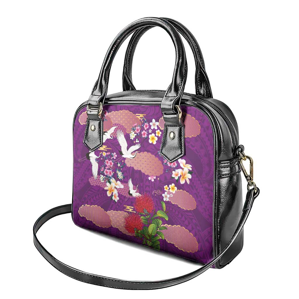 Hawaiian and Japanese Culture Together Shoulder Handbag Purple Ohia Lehua Plumeria and Sakura Blooming - Polynesian Pride