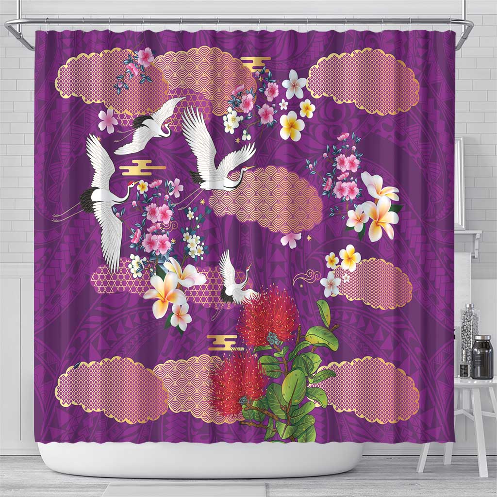 Hawaiian and Japanese Culture Together Shower Curtain Purple Ohia Lehua Plumeria and Sakura Blooming - Polynesian Pride