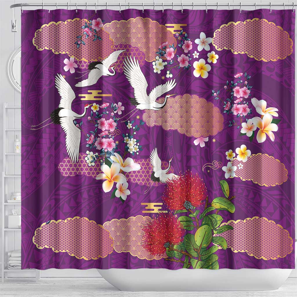 Hawaiian and Japanese Culture Together Shower Curtain Purple Ohia Lehua Plumeria and Sakura Blooming - Polynesian Pride