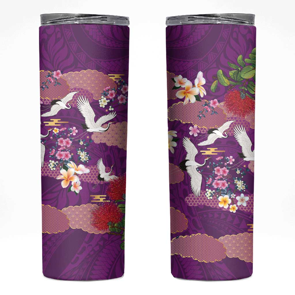 Hawaiian and Japanese Culture Together Skinny Tumbler Purple Ohia Lehua Plumeria and Sakura Blooming - Polynesian Pride