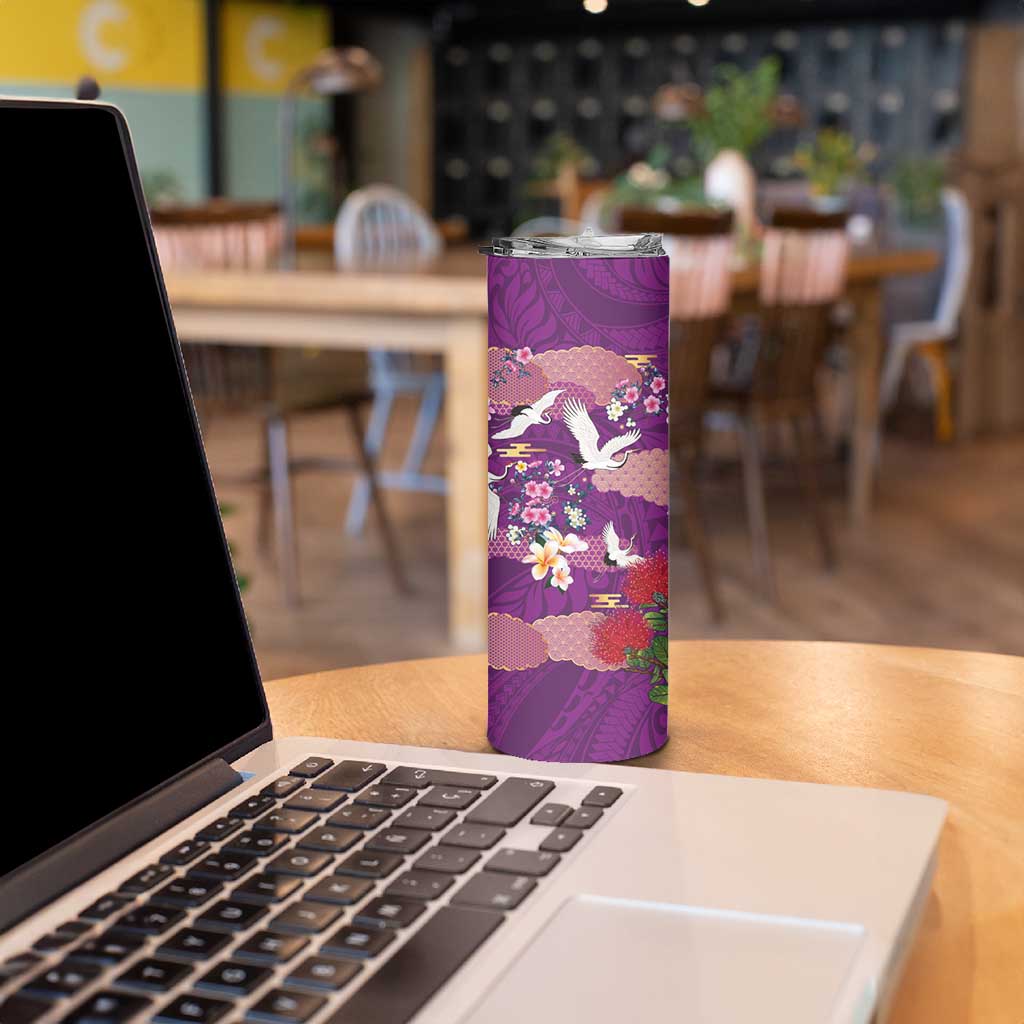 Hawaiian and Japanese Culture Together Skinny Tumbler Purple Ohia Lehua Plumeria and Sakura Blooming - Polynesian Pride