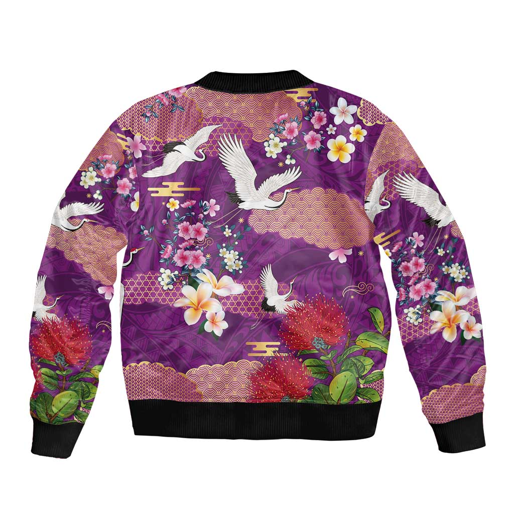 Hawaiian and Japanese Culture Together Sleeve Zip Bomber Jacket Purple Ohia Lehua Plumeria and Sakura Blooming - Polynesian Pride
