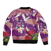 Hawaiian and Japanese Culture Together Sleeve Zip Bomber Jacket Purple Ohia Lehua Plumeria and Sakura Blooming - Polynesian Pride