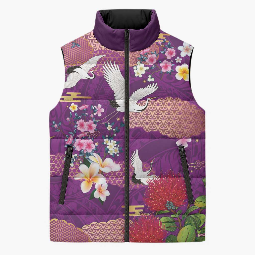 Hawaiian and Japanese Culture Together Sleeveless Puffer Jacket Purple Ohia Lehua Plumeria and Sakura Blooming - Polynesian Pride