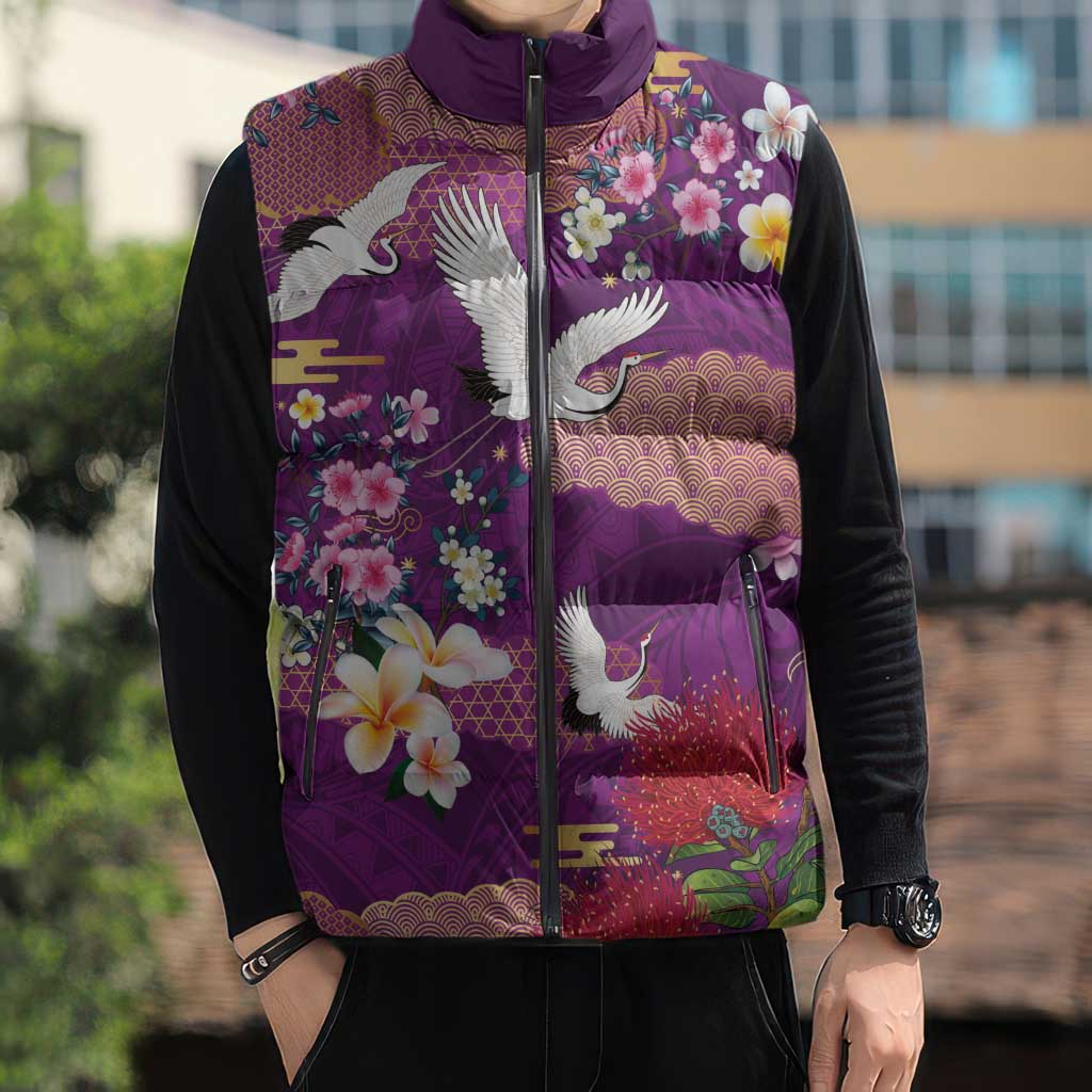 Hawaiian and Japanese Culture Together Sleeveless Puffer Jacket Purple Ohia Lehua Plumeria and Sakura Blooming - Polynesian Pride