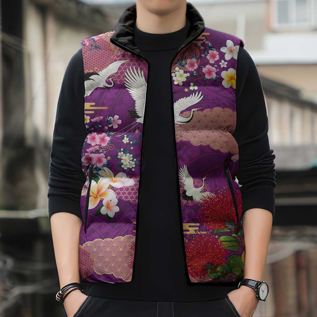 Hawaiian and Japanese Culture Together Sleeveless Puffer Jacket Purple Ohia Lehua Plumeria and Sakura Blooming - Polynesian Pride