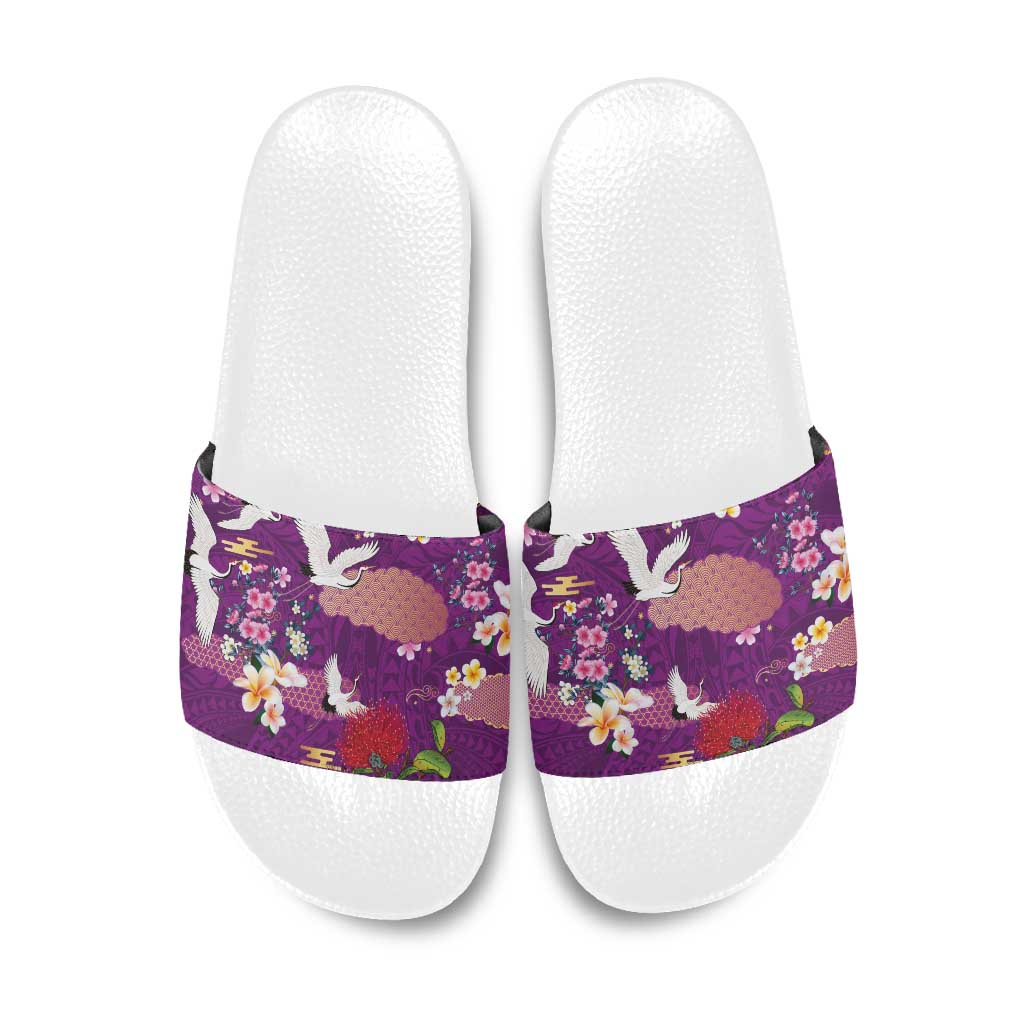 Hawaiian and Japanese Culture Together Slide Sandals Purple Ohia Lehua Plumeria and Sakura Blooming - Polynesian Pride
