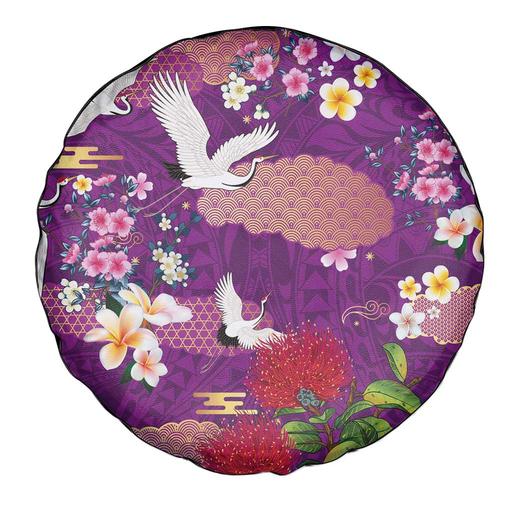 Hawaiian and Japanese Culture Together Spare Tire Cover Purple Ohia Lehua Plumeria and Sakura Blooming - Polynesian Pride
