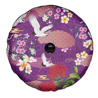 Hawaiian and Japanese Culture Together Spare Tire Cover Purple Ohia Lehua Plumeria and Sakura Blooming - Polynesian Pride