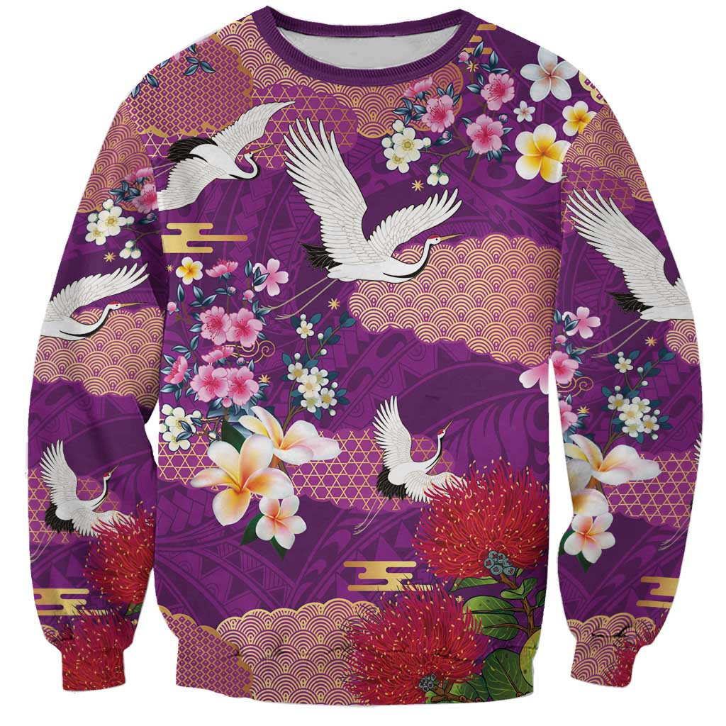 Hawaiian and Japanese Culture Together Sweatshirt Purple Ohia Lehua Plumeria and Sakura Blooming - Polynesian Pride