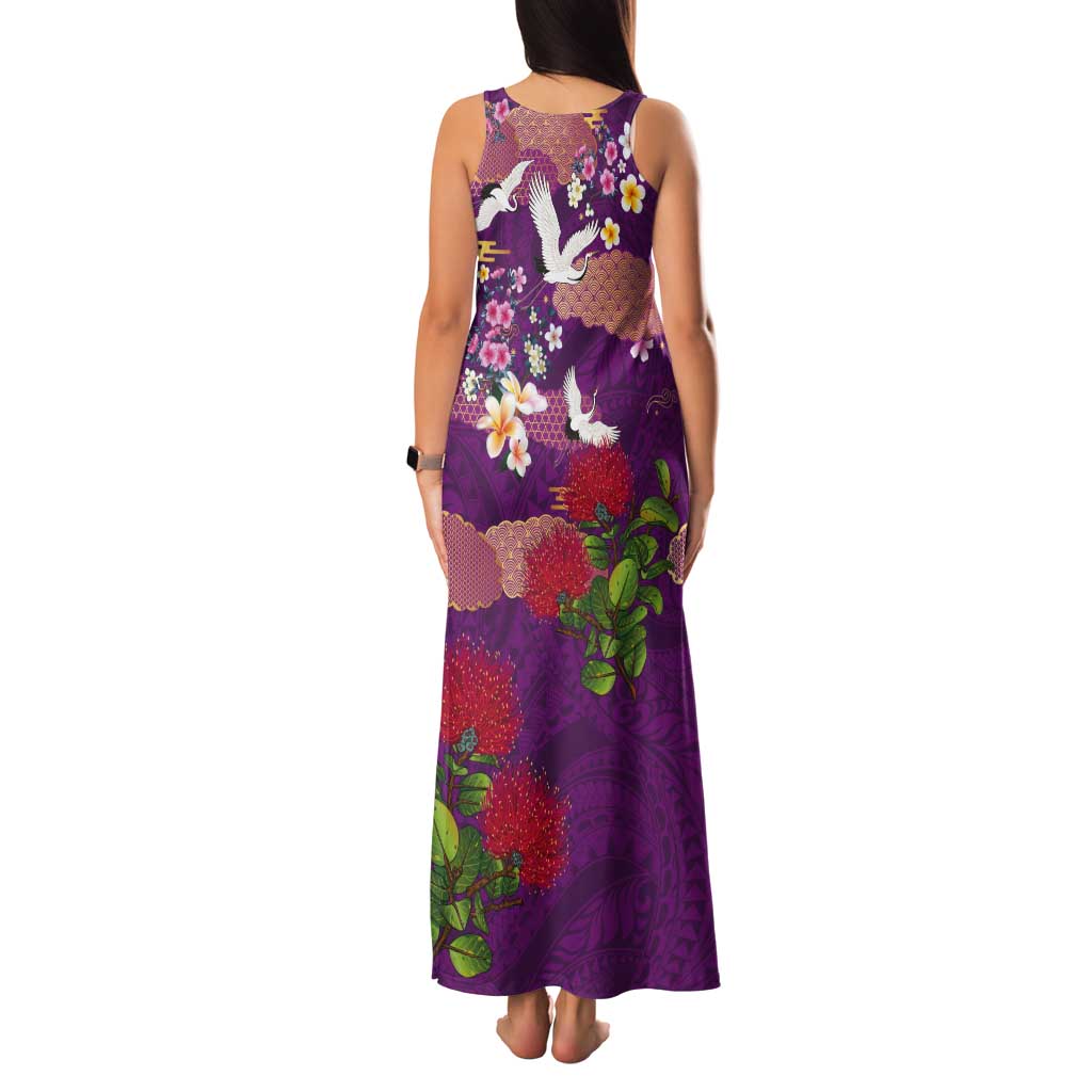 Hawaiian and Japanese Culture Together Tank Maxi Dress Purple Ohia Lehua Plumeria and Sakura Blooming - Polynesian Pride