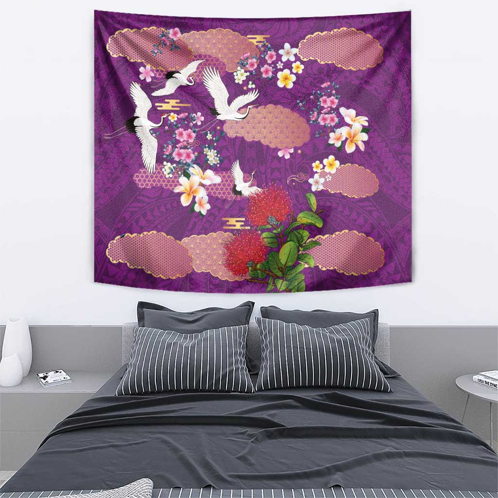 Hawaiian and Japanese Culture Together Tapestry Purple Ohia Lehua Plumeria and Sakura Blooming - Polynesian Pride