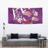 Hawaiian and Japanese Culture Together Tapestry Purple Ohia Lehua Plumeria and Sakura Blooming - Polynesian Pride