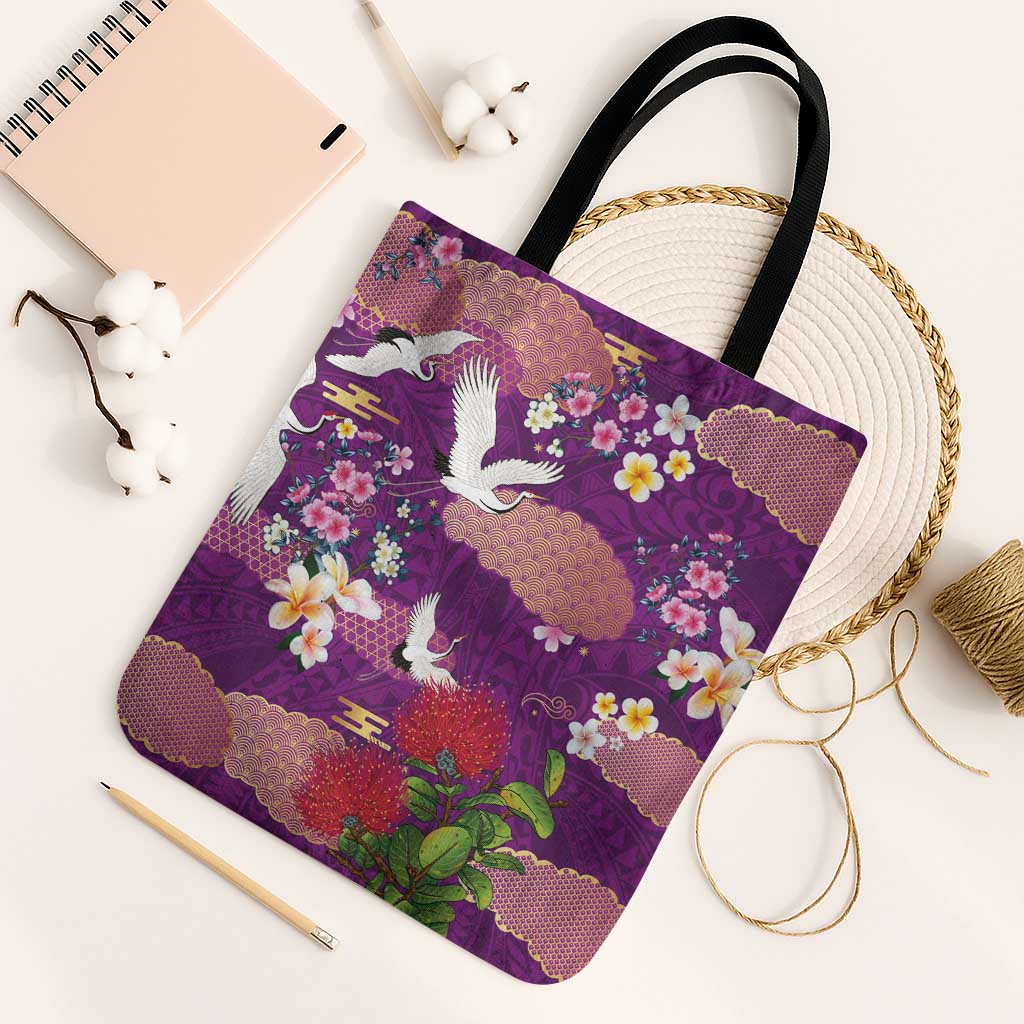 Hawaiian and Japanese Culture Together Tote Bag Purple Ohia Lehua Plumeria and Sakura Blooming - Polynesian Pride