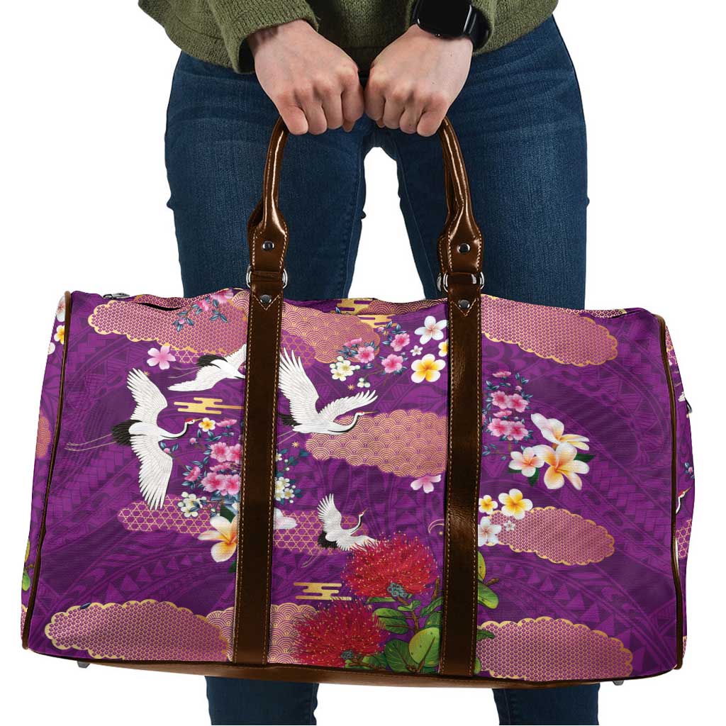 Hawaiian and Japanese Culture Together Travel Bag Purple Ohia Lehua Plumeria and Sakura Blooming - Polynesian Pride
