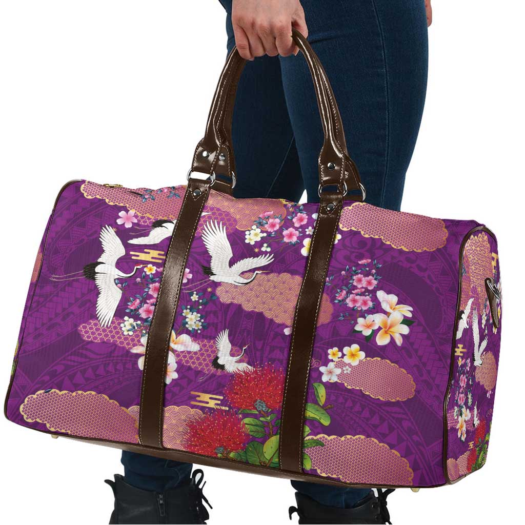 Hawaiian and Japanese Culture Together Travel Bag Purple Ohia Lehua Plumeria and Sakura Blooming - Polynesian Pride