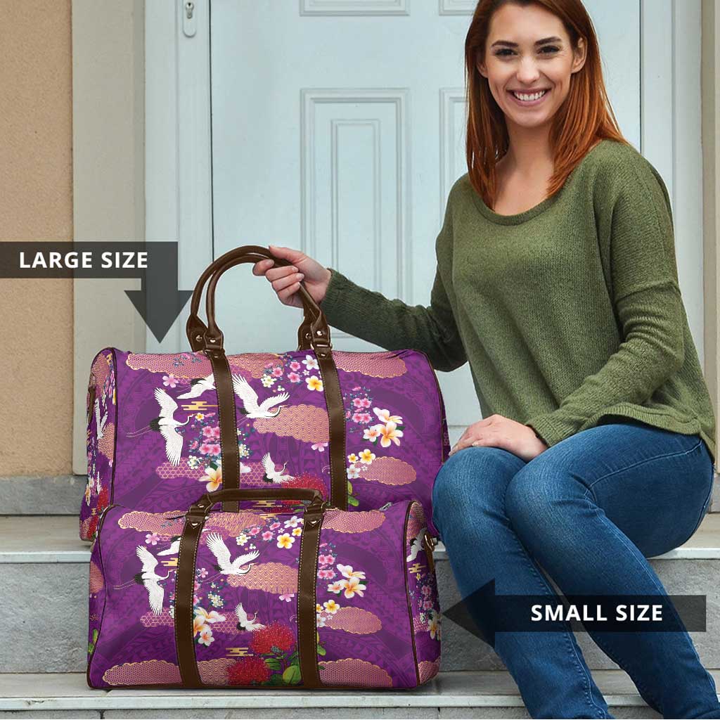 Hawaiian and Japanese Culture Together Travel Bag Purple Ohia Lehua Plumeria and Sakura Blooming - Polynesian Pride