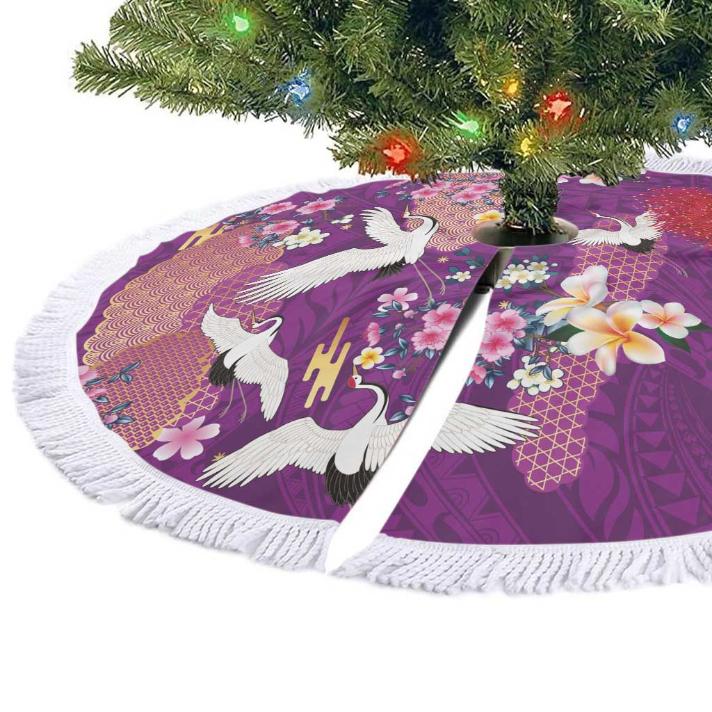 Hawaiian and Japanese Culture Together Tree Skirt Purple Ohia Lehua Plumeria and Sakura Blooming - Polynesian Pride