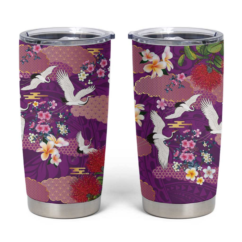 Hawaiian and Japanese Culture Together Tumbler Cup Purple Ohia Lehua Plumeria and Sakura Blooming - Polynesian Pride