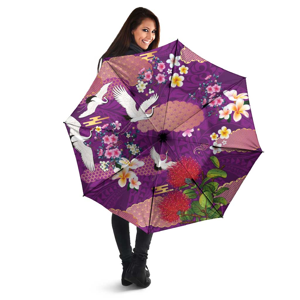 Hawaiian and Japanese Culture Together Umbrella Purple Ohia Lehua Plumeria and Sakura Blooming - Polynesian Pride