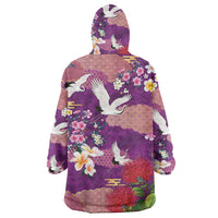 Hawaiian and Japanese Culture Together Wearable Blanket Hoodie Purple Ohia Lehua Plumeria and Sakura Blooming - Polynesian Pride