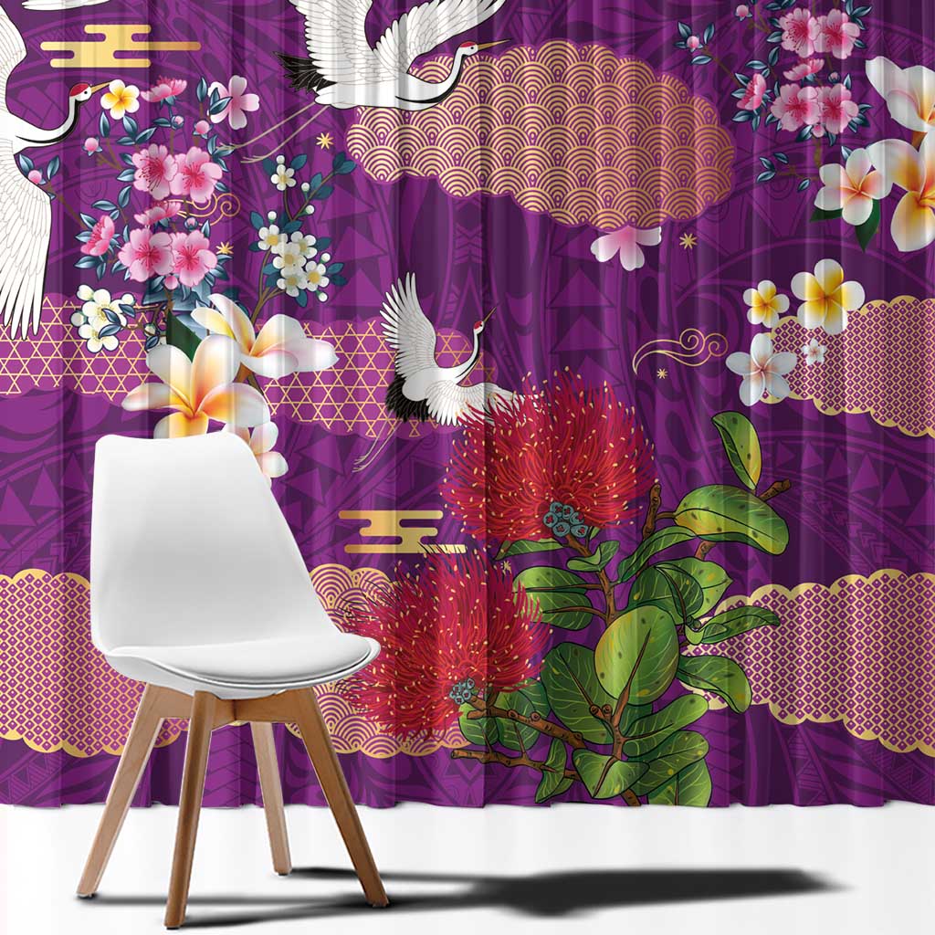 Hawaiian and Japanese Culture Together Window Curtain Purple Ohia Lehua Plumeria and Sakura Blooming - Polynesian Pride