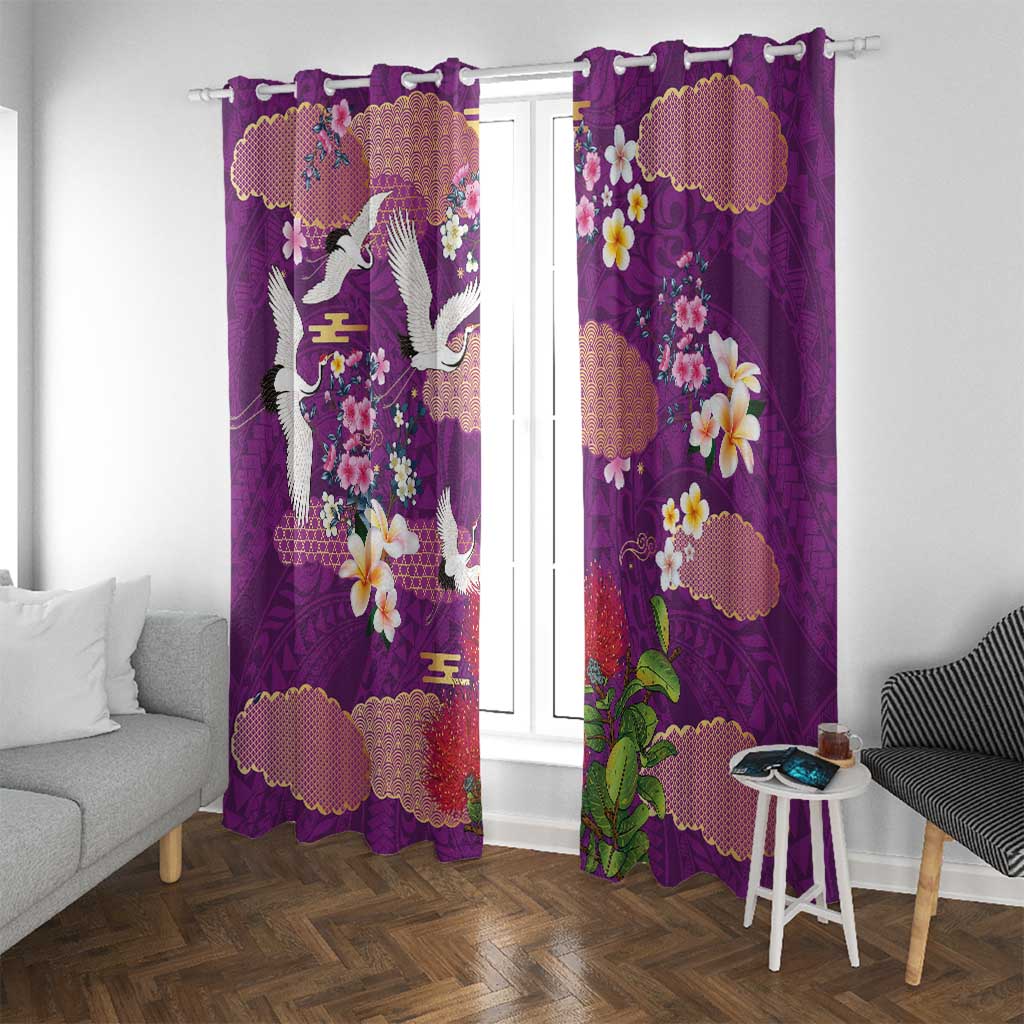 Hawaiian and Japanese Culture Together Window Curtain Purple Ohia Lehua Plumeria and Sakura Blooming - Polynesian Pride