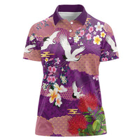 Hawaiian and Japanese Culture Together Women Polo Shirt Purple Ohia Lehua Plumeria and Sakura Blooming - Polynesian Pride