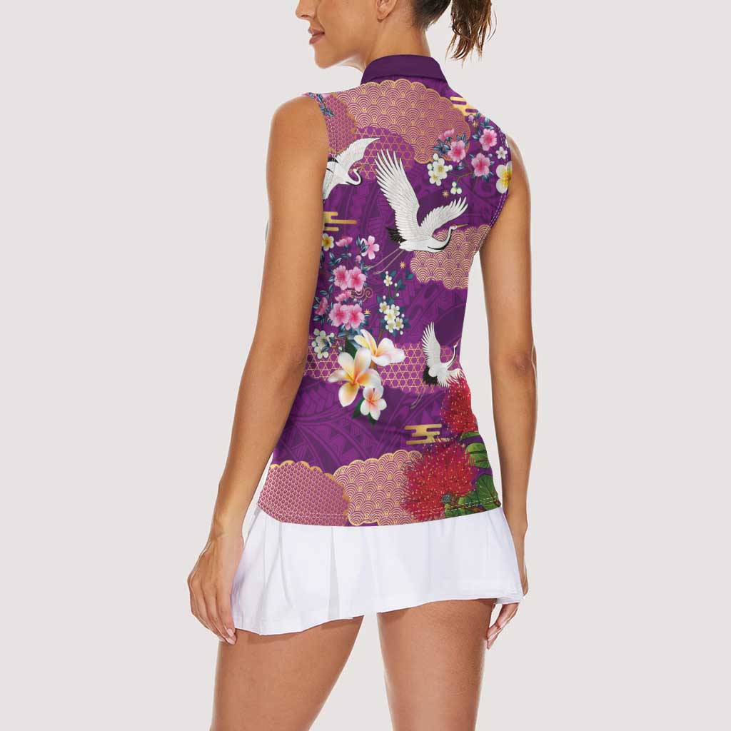 Hawaiian and Japanese Culture Together Women Sleeveless Polo Shirt Purple Ohia Lehua Plumeria and Sakura Blooming - Polynesian Pride