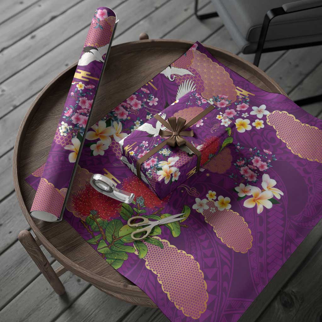 Hawaiian and Japanese Culture Together Wrapping Paper Purple Ohia Lehua Plumeria and Sakura Blooming - Polynesian Pride