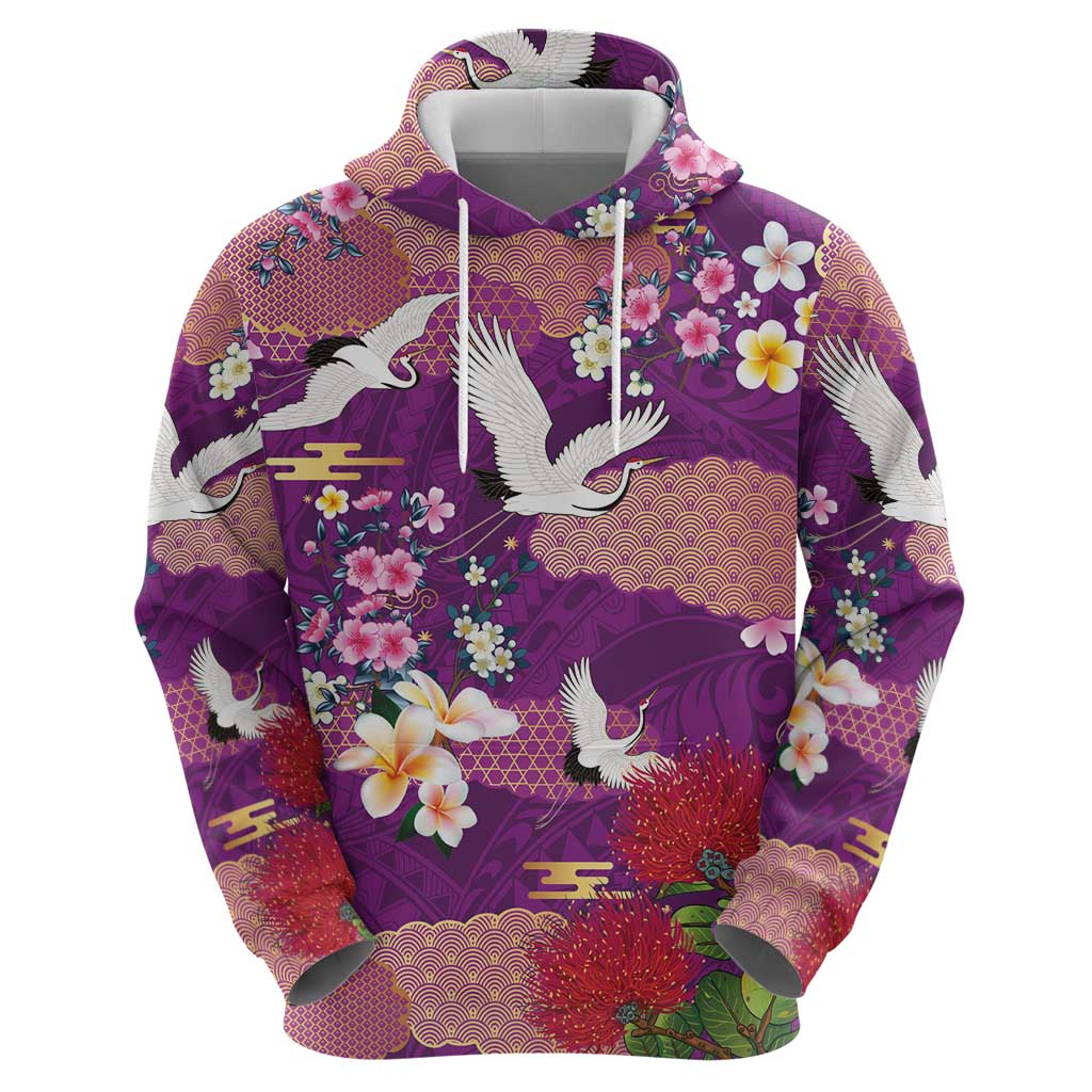 Hawaiian and Japanese Culture Together Zip Hoodie Purple Ohia Lehua Plumeria and Sakura Blooming - Polynesian Pride