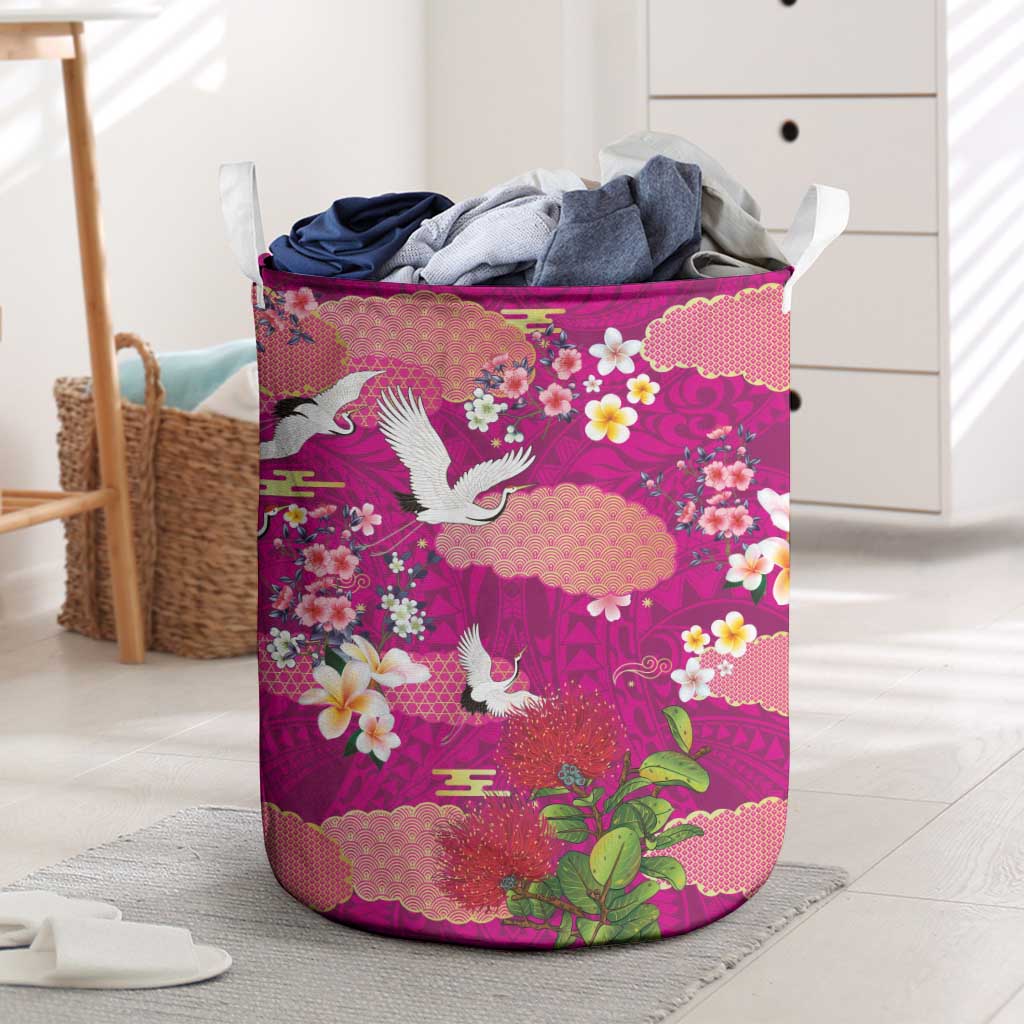 Hawaiian and Japanese Culture Together Laundry Basket Pink Ohia Lehua Plumeria and Sakura Blooming - Polynesian Pride