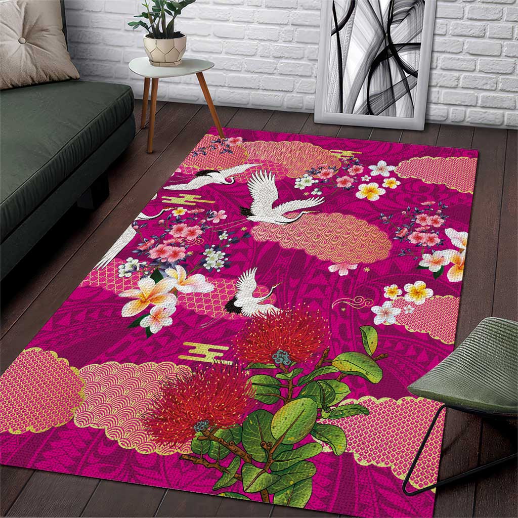 Hawaiian and Japanese Culture Together Area Rug Pink Ohia Lehua Plumeria and Sakura Blooming - Polynesian Pride
