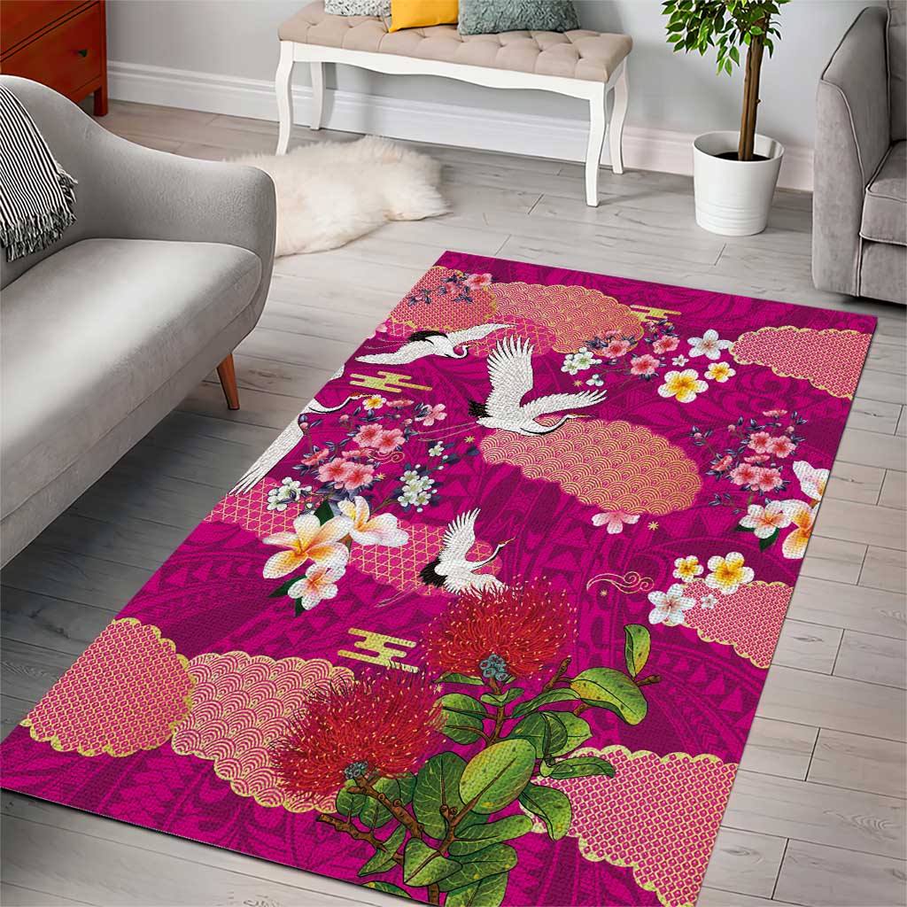 Hawaiian and Japanese Culture Together Area Rug Pink Ohia Lehua Plumeria and Sakura Blooming - Polynesian Pride
