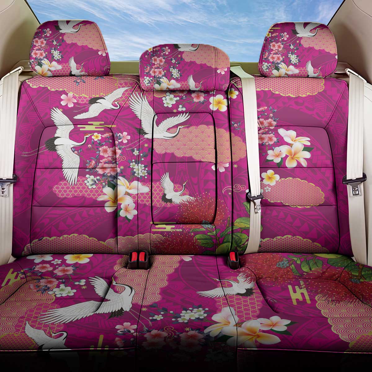 Hawaiian and Japanese Culture Together Back Car Seat Cover Pink Ohia Lehua Plumeria and Sakura Blooming - Polynesian Pride