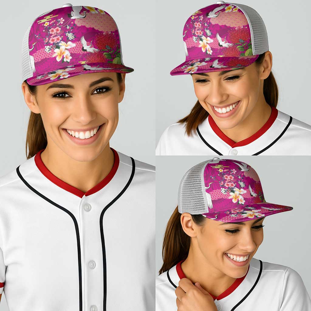 Hawaiian and Japanese Culture Together Baseball Net Cap Pink Ohia Lehua Plumeria and Sakura Blooming - Polynesian Pride