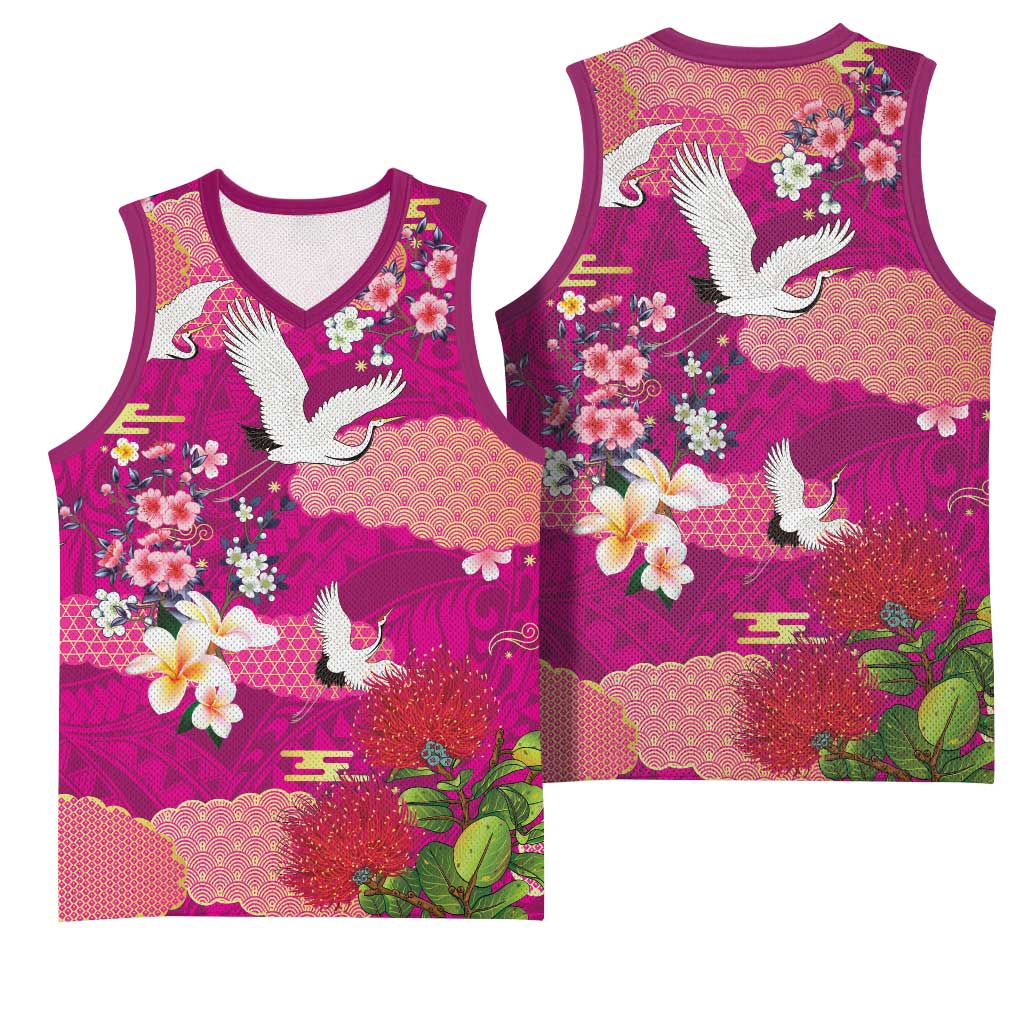 Hawaiian and Japanese Culture Together Basketball Jersey Pink Ohia Lehua Plumeria and Sakura Blooming - Polynesian Pride