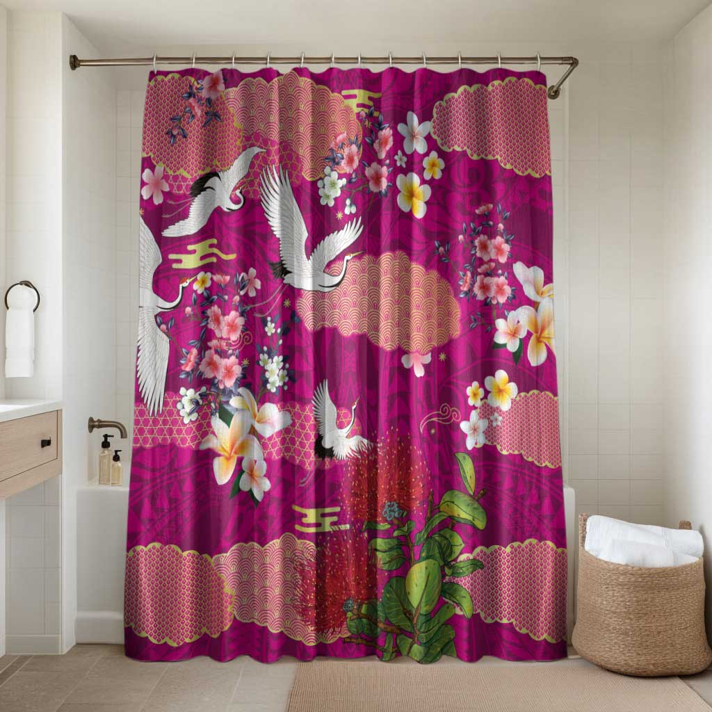 Hawaiian and Japanese Culture Together Bathroom Set Pink Ohia Lehua Plumeria and Sakura Blooming - Polynesian Pride